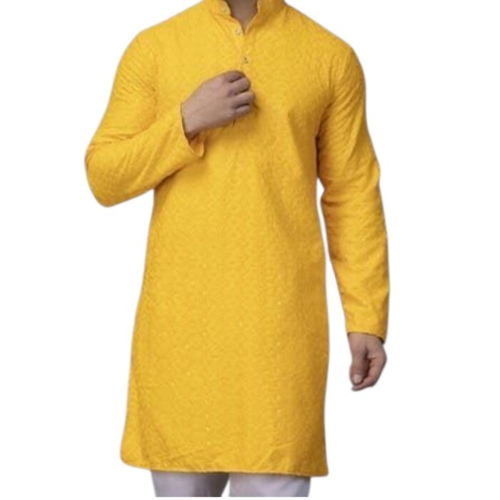 Regular fit cotton kurta in yellow color | Party wear men Kurta