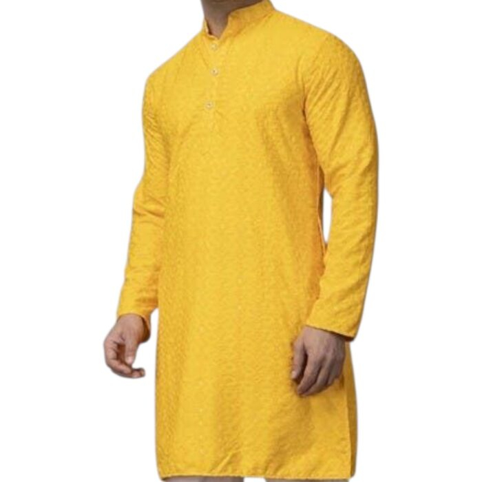 Side profile view of yellow men kurta