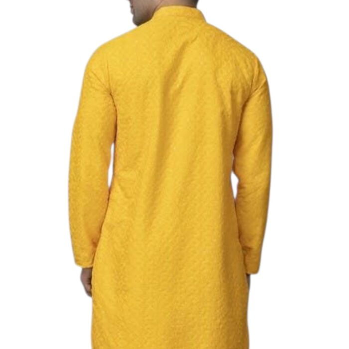 Back profile view of a model wearing the yellow kurta with sequin