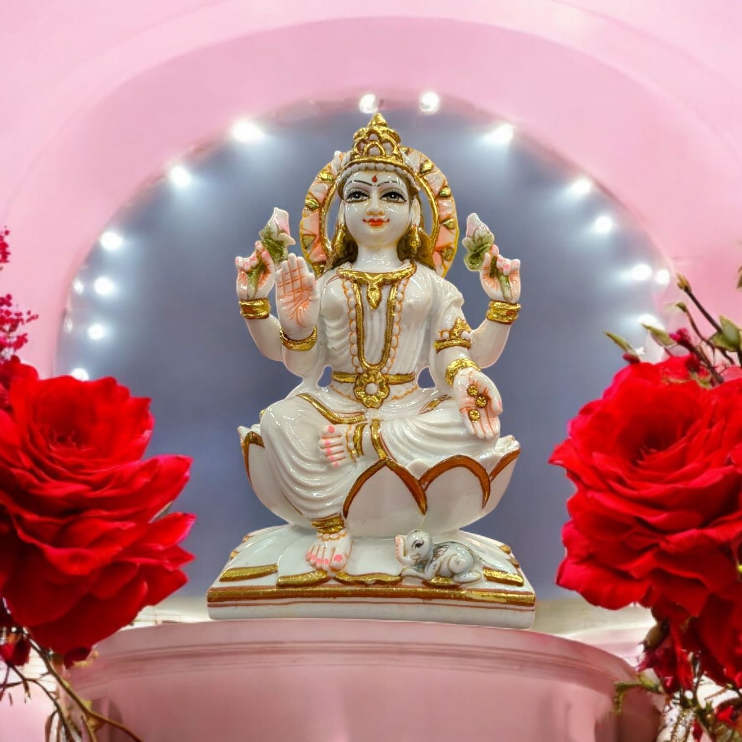Composite marble Lakshmi Murti - 9 inch Lakshmi Idol with white gold finish