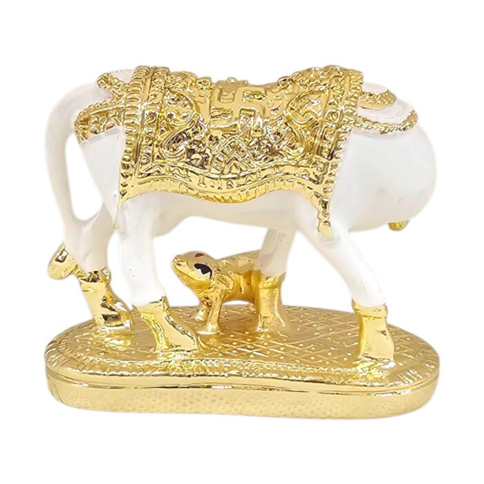 Backside profile view of gold plated Kamdhenu cow