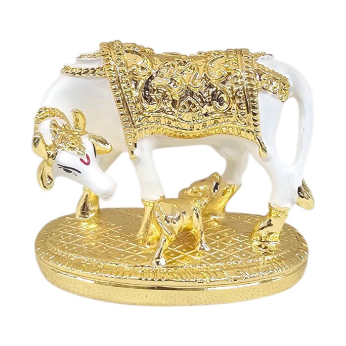 Close up of Gold Plated Kamdhenu - Cow and Calf | Small Idol