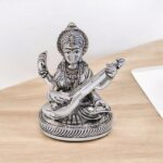 Silver plated Saraswati Idol with oxidized finish | Great Diwali Gift
