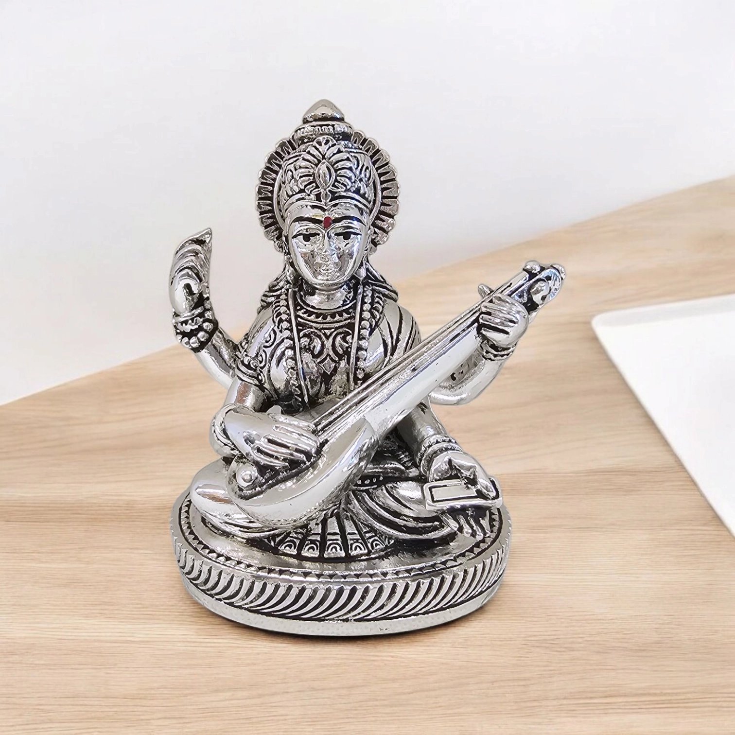 Silver plated Saraswati Idol with oxidized finish | Great Diwali Gift