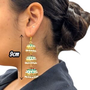 Dimensions of 3 tier Jhumki earrings with meena work