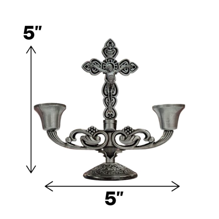 Crucifix Pillar Taper Candlestick Stand - 5 inch - SB - Image 2