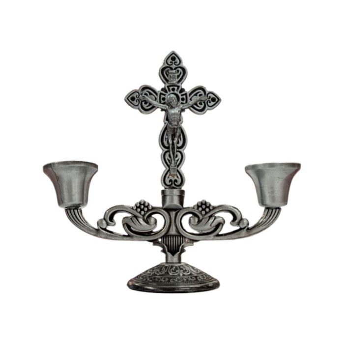 Crucifix Pillar Taper Candlestick Stand - 5 inch - SB - Image 5