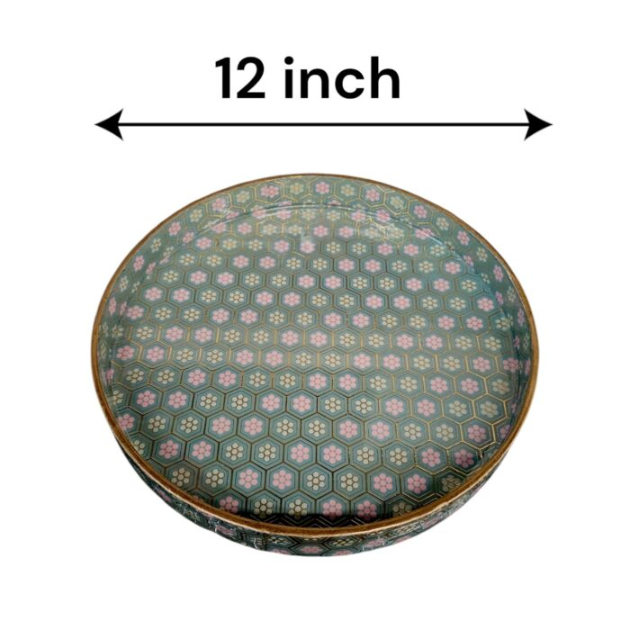 Large 12-inch diameter high-gloss serving tray with gold inlay, perfect for serving appetizers.