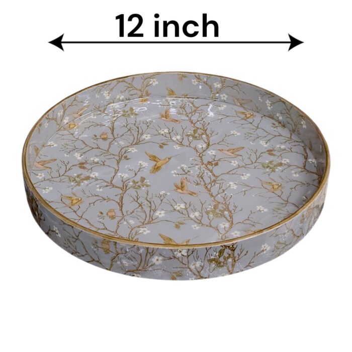 Large 12-inch diameter high-gloss serving tray with gold inlay, perfect for serving appetizers.