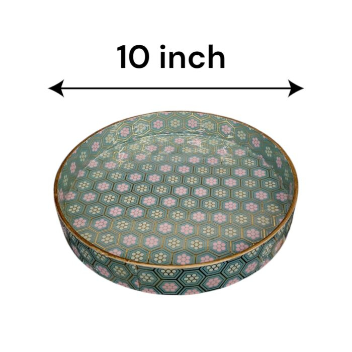 10-inch decorative serving tray with gold trim being used for coffee and pastries.