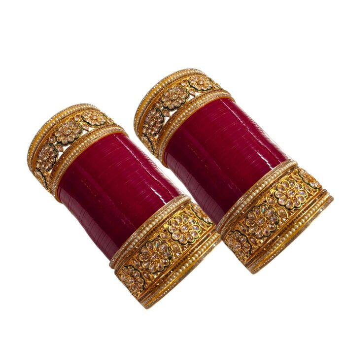 Designer Chura - Red - Kundan Flower | Wedding Chura Bangles - Image 4