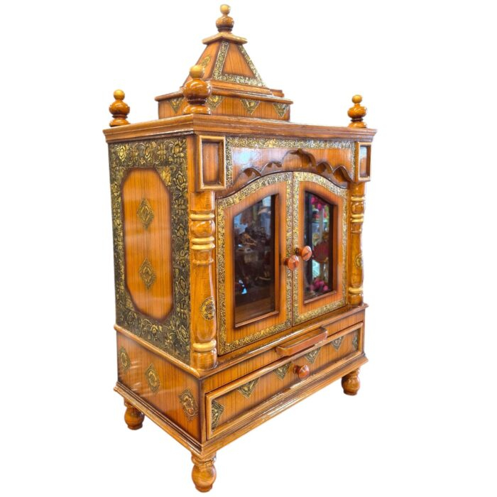 Side profile view of wooden home mandir with door