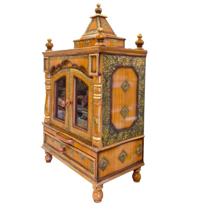 Side profile view of wooden home mandir with door