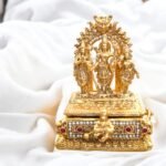 Ram Darbar Themed Kumkum Box in gold-plated copper with matte finish, showing Lord Ram, Sita, Lakshman, and Hanuman.