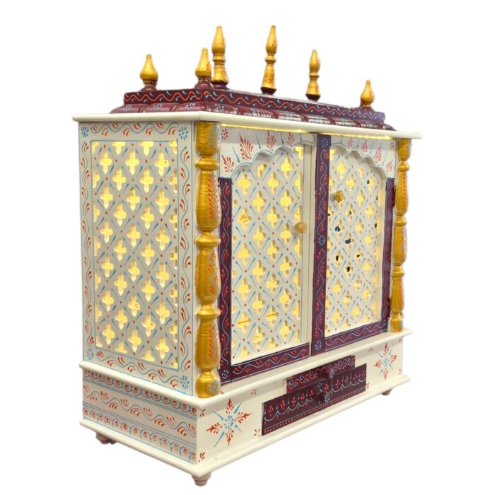 Side profile view of the wooden puja mandir