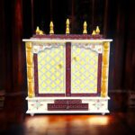 Wooden Mandir for Home | Maroon - Golden with Doors - Rajasthani artwork with Led Lights