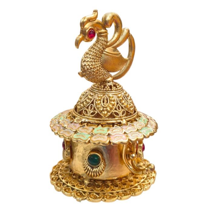 Side profile view of Peacock designed kumkum box