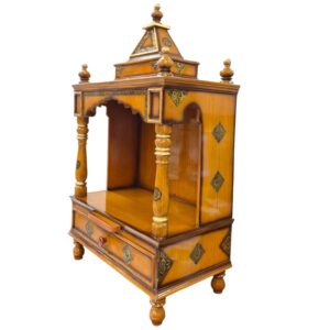 Side profile view of wooden home mandir with drawers
