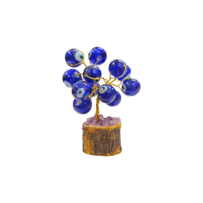 Small wooden and brass Tree of Life decoration with blue and white evil eye glass beads, set of four.