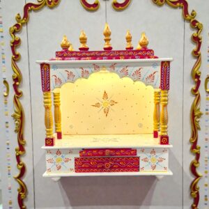 Hand-painted wooden Mandir (temple) for home, featuring intricate Rajasthani artwork and a warm LED light. | Wall hung wooden temple
