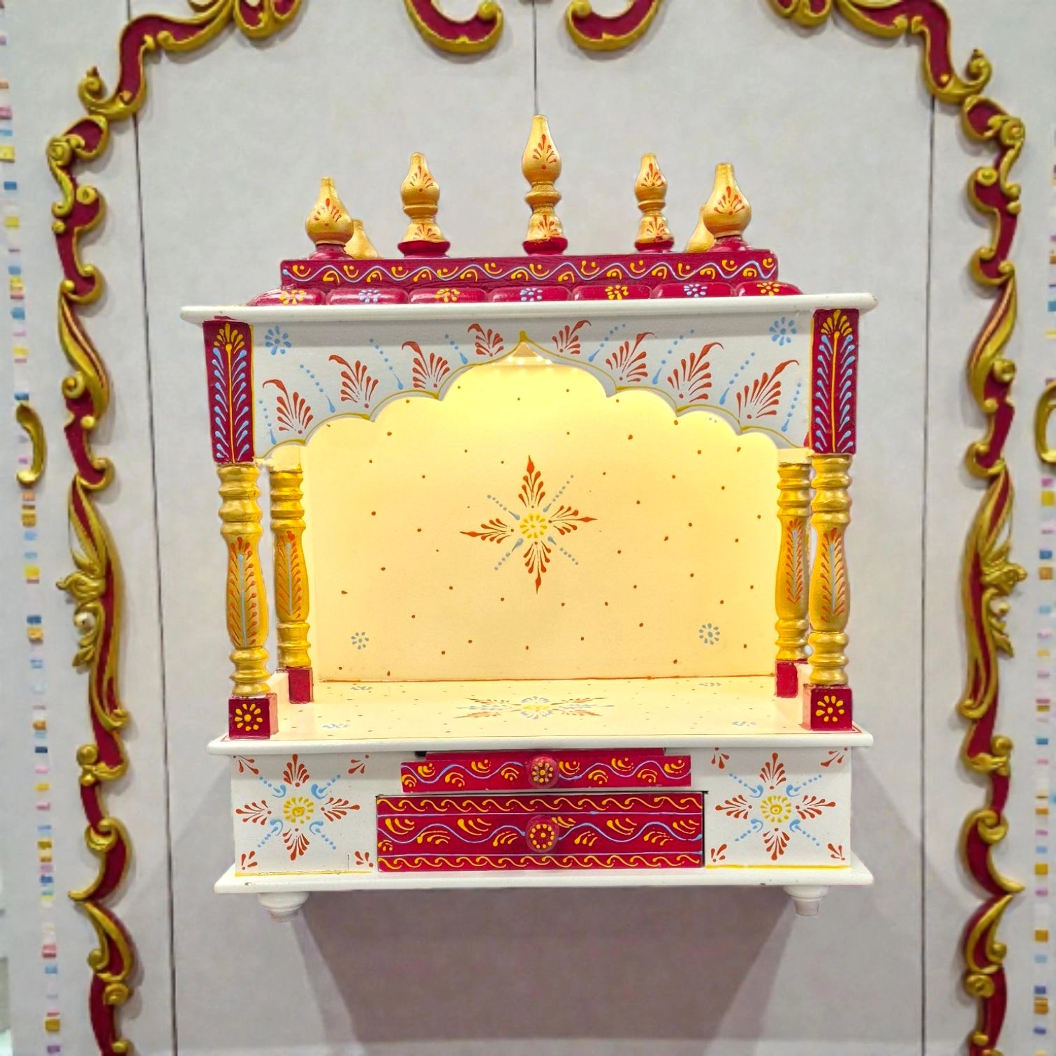 Wall mountable small wooden mandir Hand-painted wooden Mandir (temple) for home, featuring intricate Rajasthani artwork and a warm LED light. | Wall hung wooden temple