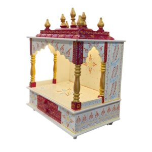 Side profile view of small wooden pooja mandir | Solid wood with led light and hand painted finish