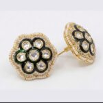 Kundan floral stud earrings with green enamel and pearls
