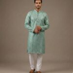 Olive Green Cotton Chikan Sequin Kurta for Men | SEHR Luxe Kurta Series