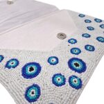 Close up of the bead work on this evil eye clutch bag for everyday use
