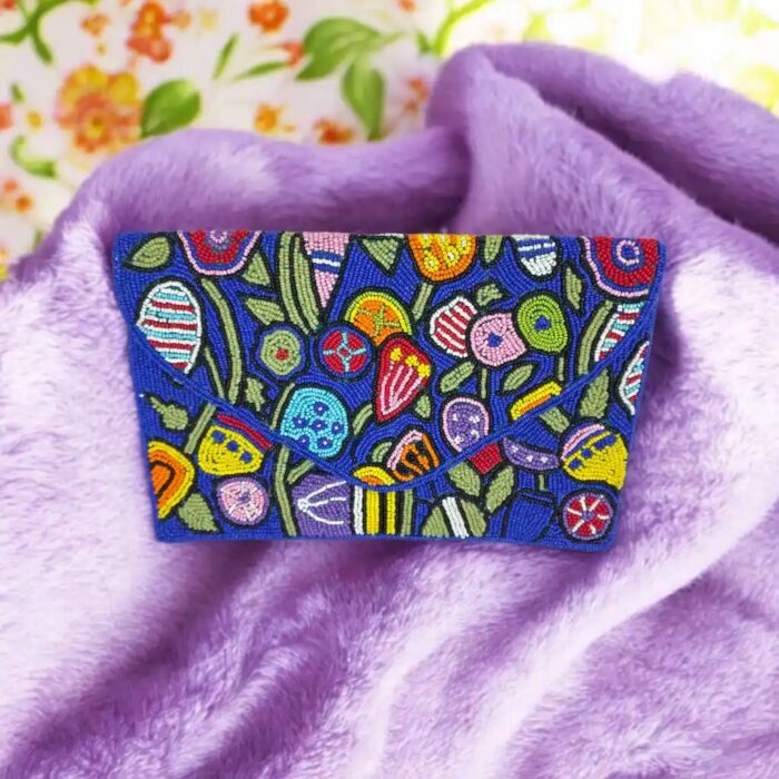 Blue beaded crossbody purse with cotton lining