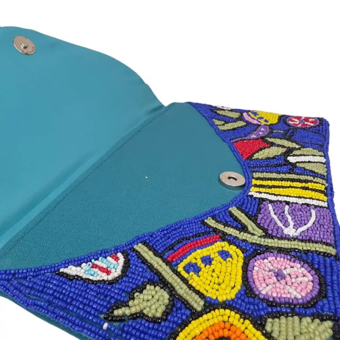Interior cotton lining pocket of beaded envelope clutch