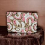 Pink floral embroidered boho clutch straw jute bag