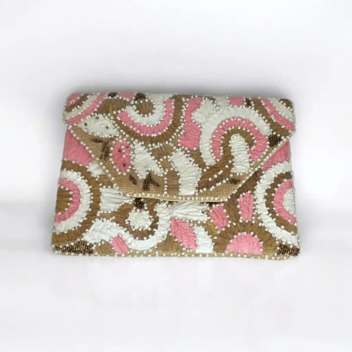 Handmade boho clutch with pink embroidery and beads
