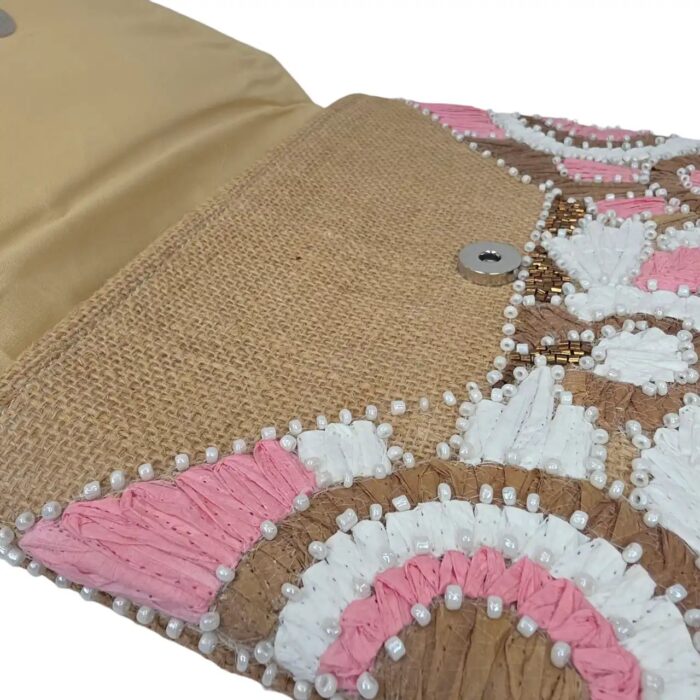 Pink embroidered jute clutch with beaded detailing