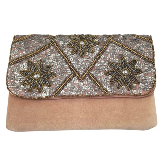 Interior cotton lining pocket of beaded envelope clutch